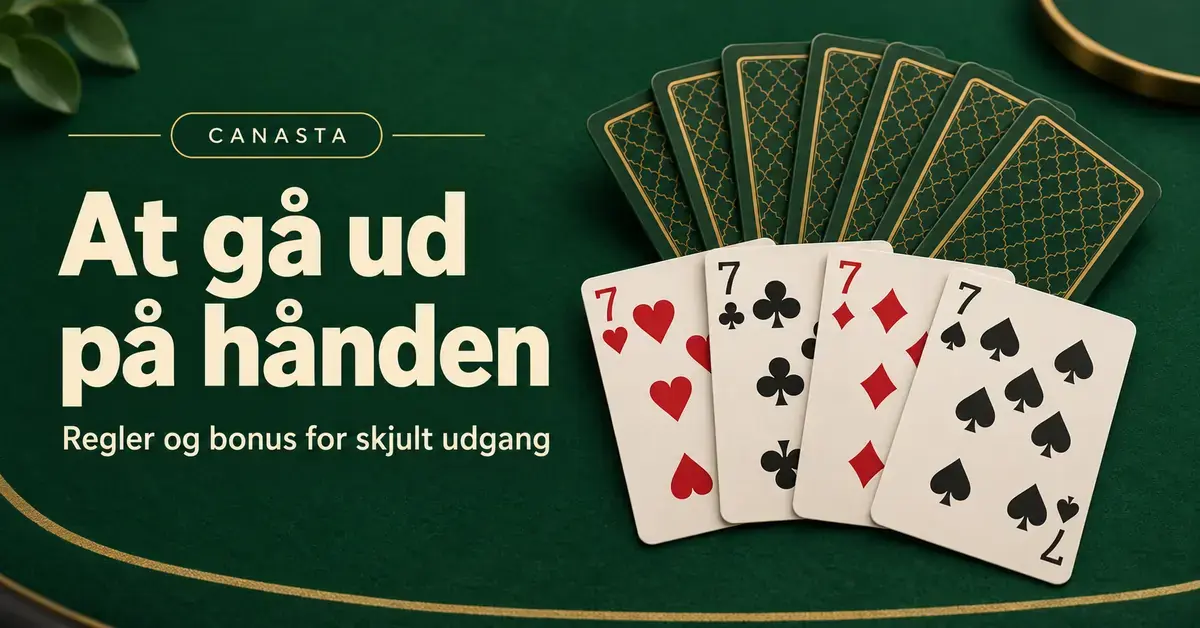 Grafik med skjulte spillekort og fire åbne syvere på en grøn baggrund samt teksten »At gå ud på hånden – Regler og bonus for skjult udgang«.