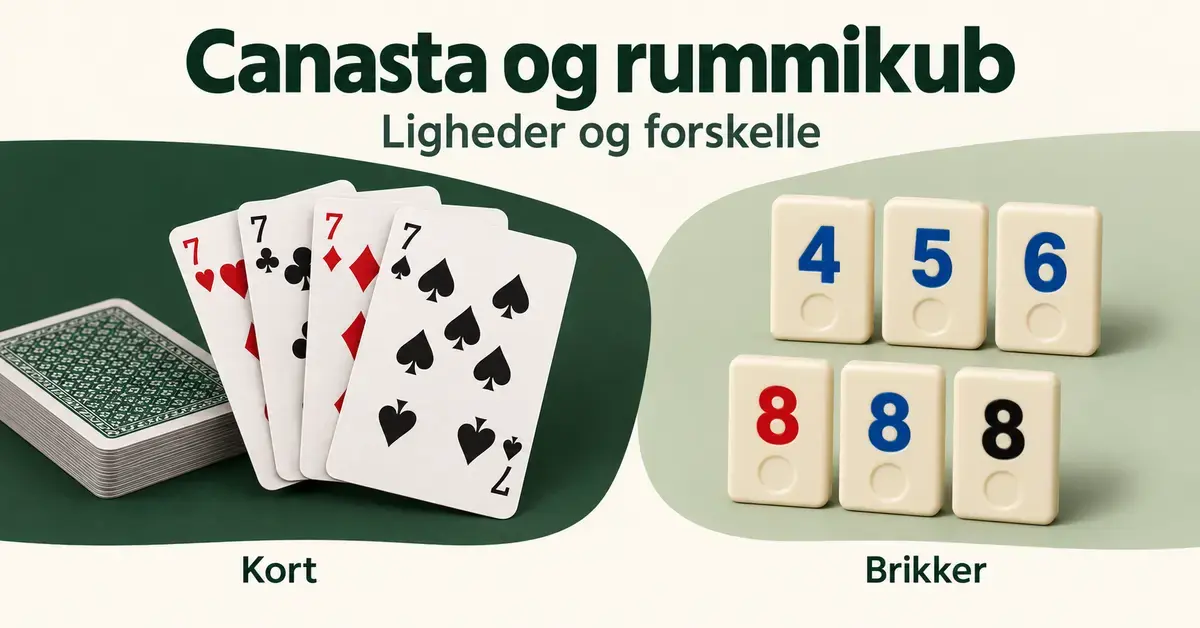 Spillekort til canasta og nummererede rummikubbrikker side om side med teksten »Canasta og rummikub – Ligheder og forskelle«.