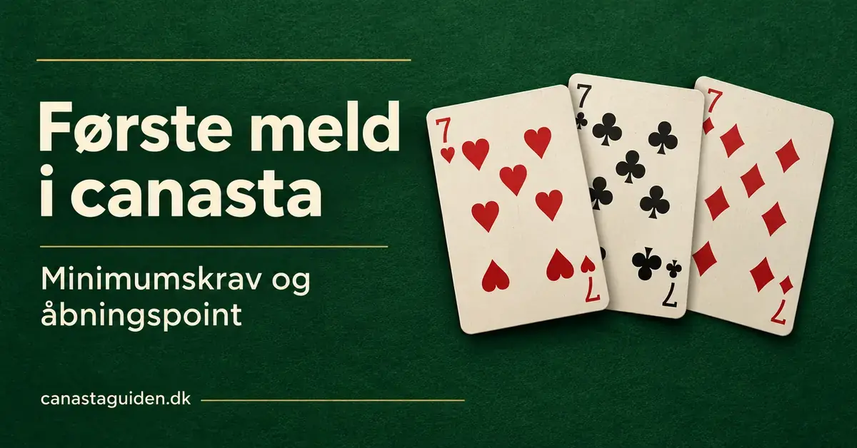 Tre syvere på et grønt spillebord ved siden af teksten »Første meld i canasta – Minimumskrav og åbningspoint«.