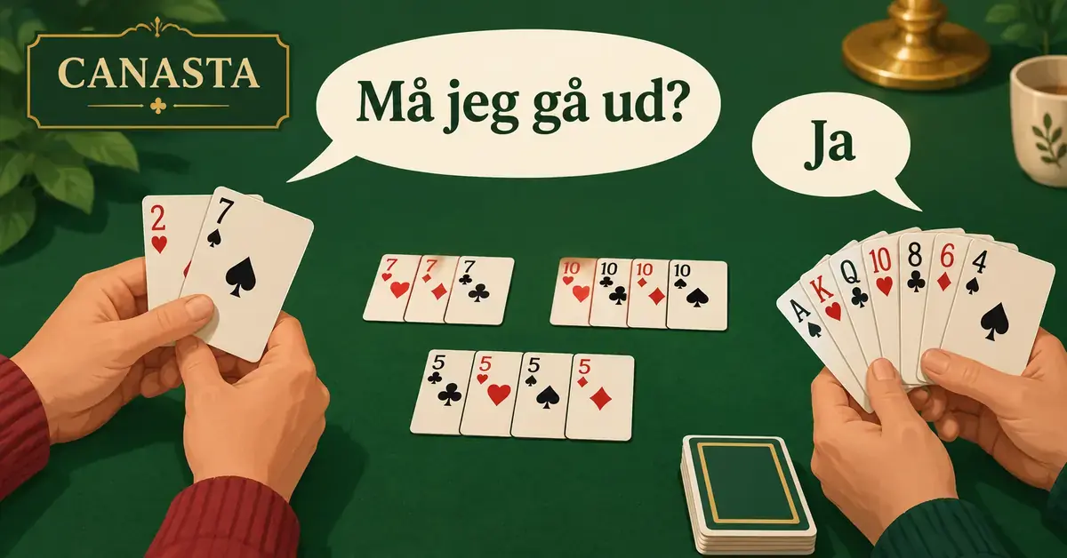Illustration af to canastamakkere med kort ved et grønt bord, hvor den ene spørger »Må jeg gå ud?«, og den anden svarer »Ja«.